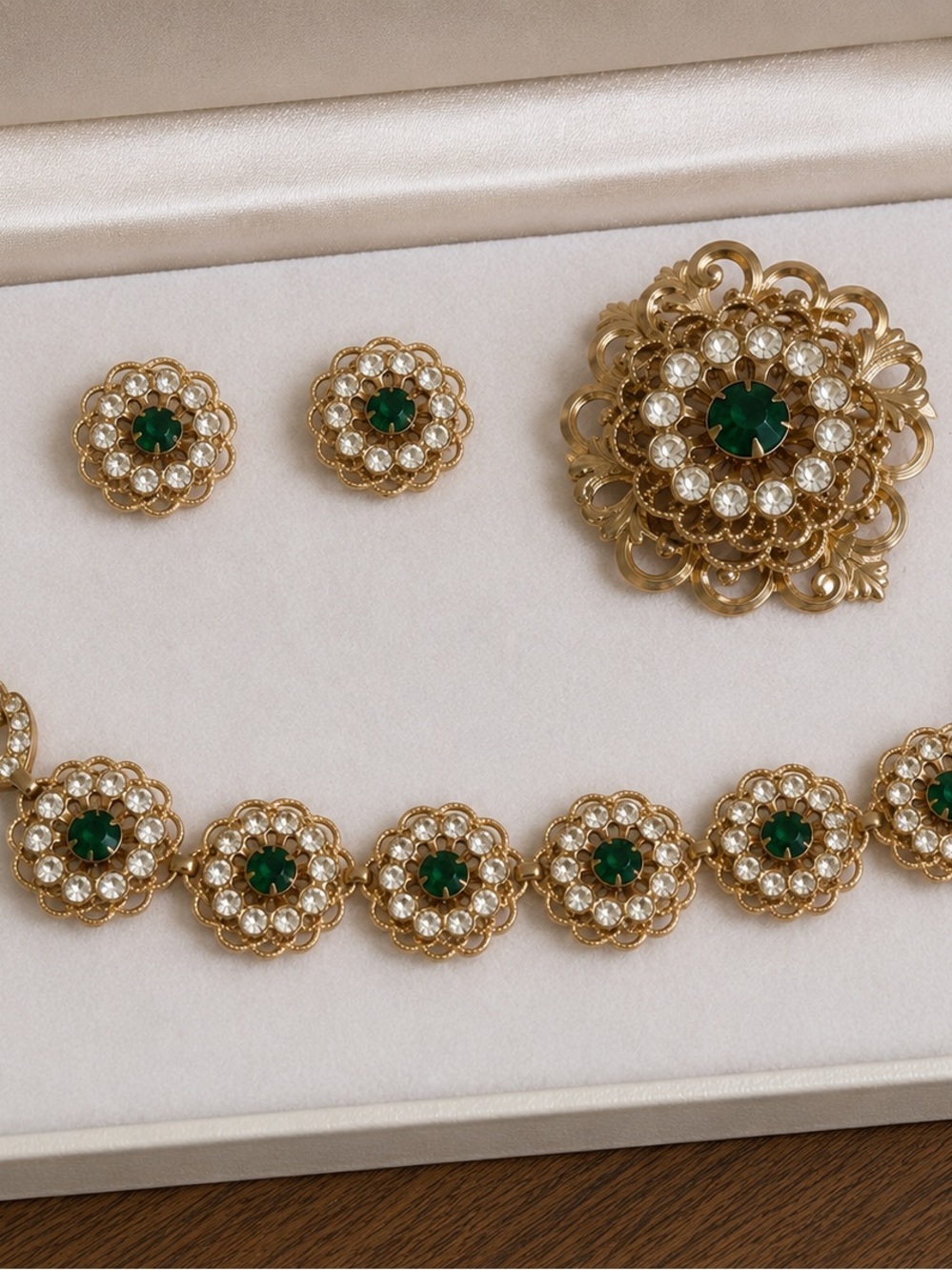 Vintage Gold, Emerald Glass & Rhinestone Floral Necklace, Brooch Earring Set MCM